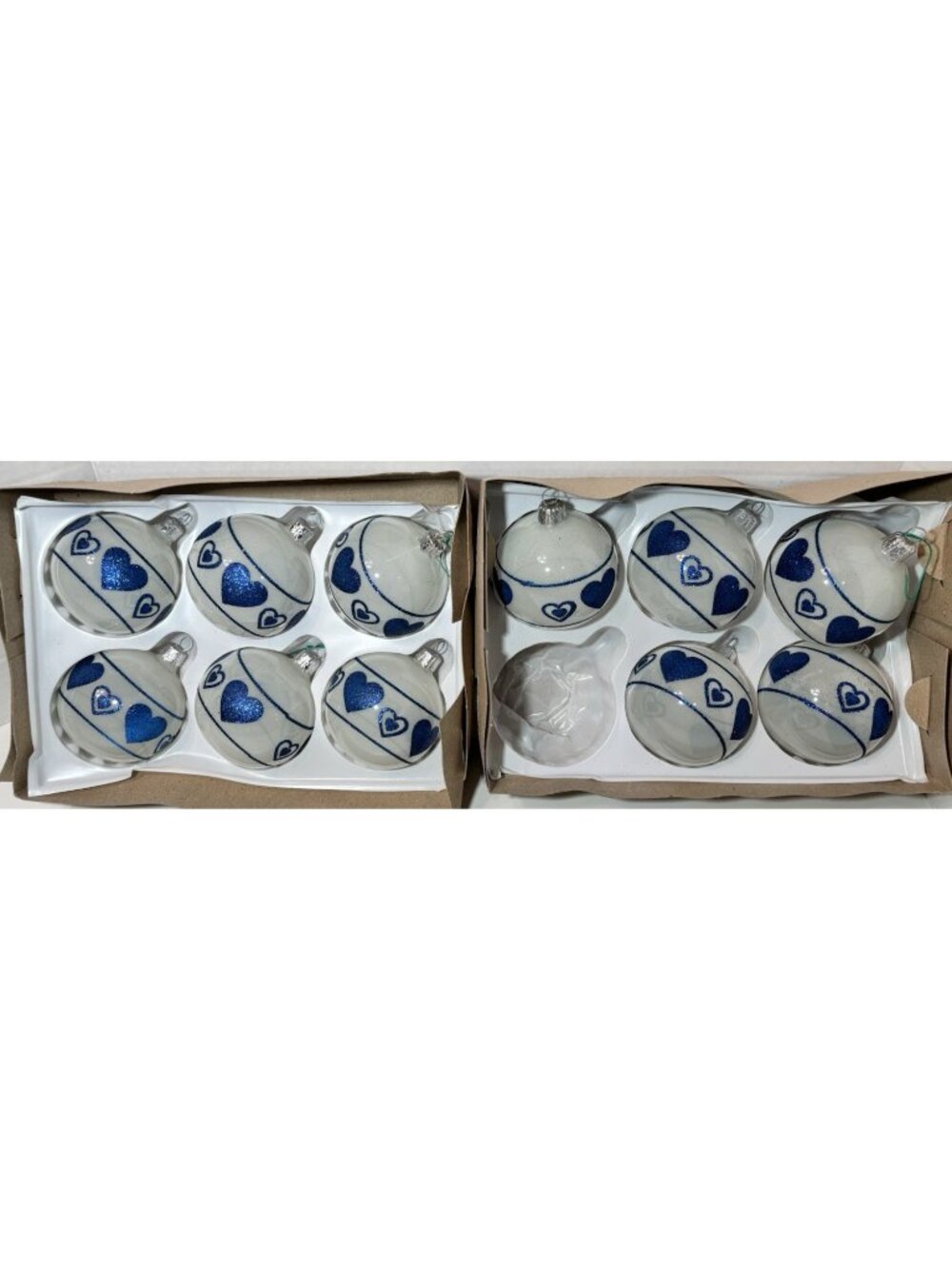11 Vitbis Christmas Glass Ornaments Blue And White Glitter Heart Pattern